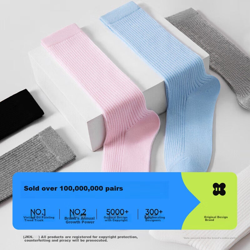 JKN Women's Mid-Calf Socks for Summer, Half-Hollow Design, Korean Style Long Socks, Cotton Socks, White Calf-Length Socks, 4 Pairs - Image 4