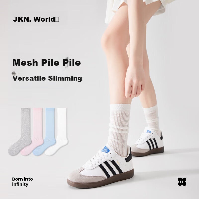 JKN Women's Mid-Calf Socks for Summer, Half-Hollow Design, Korean Style Long Socks, Cotton Socks, White Calf-Length Socks, 4 Pairs - Image 1