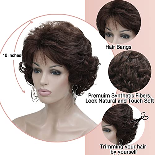 Kalyss Dark Brown Short Curly Wavy Wig with Hair Bangs 100% Imported Premium Synthetic Fashion Brown Hair Wigs for Women (Brown) - Image 3