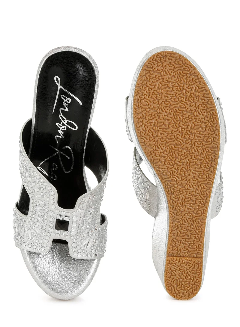 London Rag Diamante &amp; Rhinestone Detail Cut-Out Sandals in Silver