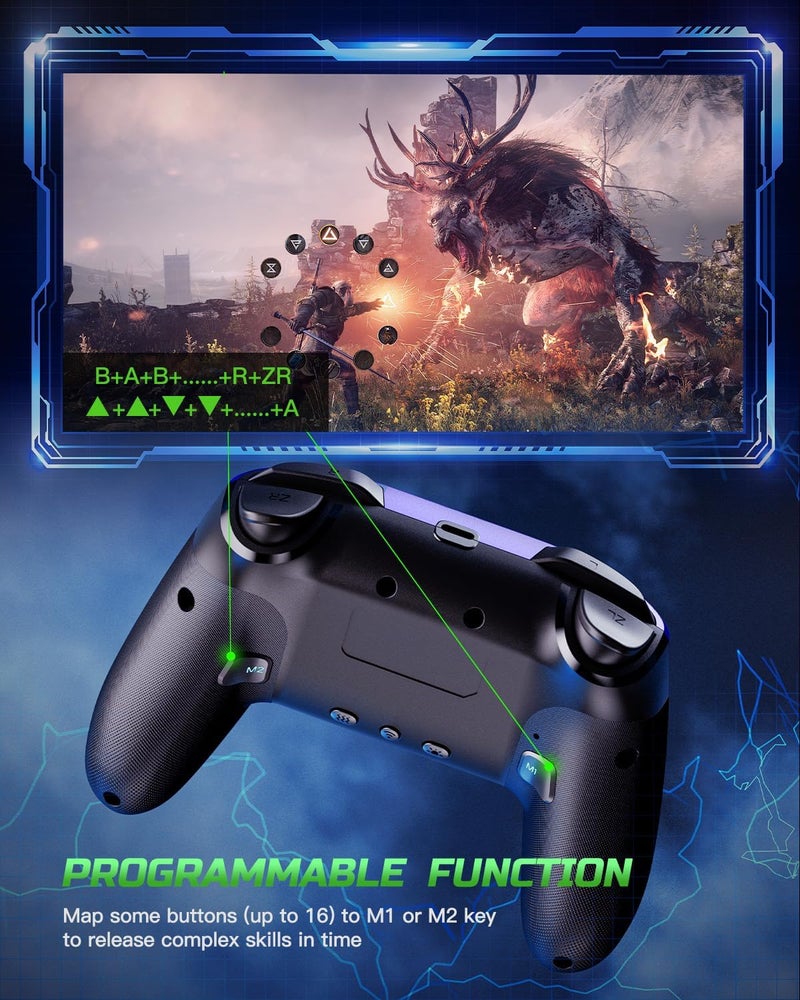 VOYEE Switch Controller Compatible with Switch/Lite/OLED/PC/Windows, 1000 mAh Ergonomic Wireless Pro Controller with Lightning LED Programmable Wake-up Vibration - Image 3