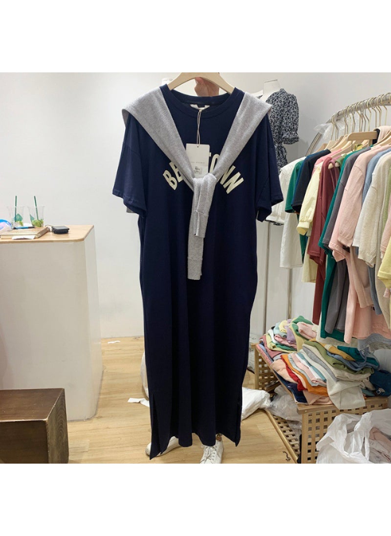 Generic - Summer Elegant Korean Split Midi T-Shirt Dress Navy blue - Image 1