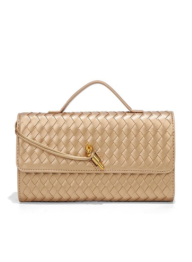 LMKIDS Woven Evening Bag Clutch Purses For Women, Woven Leather Crossbody Bag Purse For Women Shoulder Handbag Cute Satchels (Champagne) - Image 1