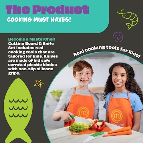 MasterChef Junior Kids Knife Cutting Board Set Includes Real Cutting Tools and 15 Cooking Baking Recipes Silicone Non Slip Grip for Easy Use Food Safe for Children Party Activity Supplies Gift - Image 5
