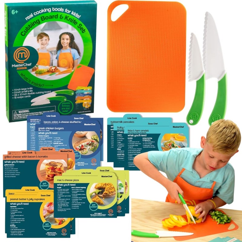 MasterChef Junior Kids Knife Cutting Board Set Includes Real Cutting Tools and 15 Cooking Baking Recipes Silicone Non Slip Grip for Easy Use Food Safe for Children Party Activity Supplies Gift - Image 3
