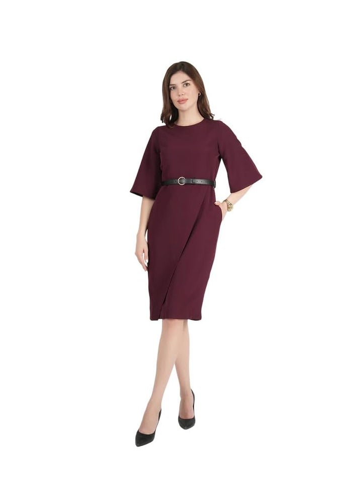 Exude Elegant Midi Dress with Belt & Flared Sleeves for Women - Image 1