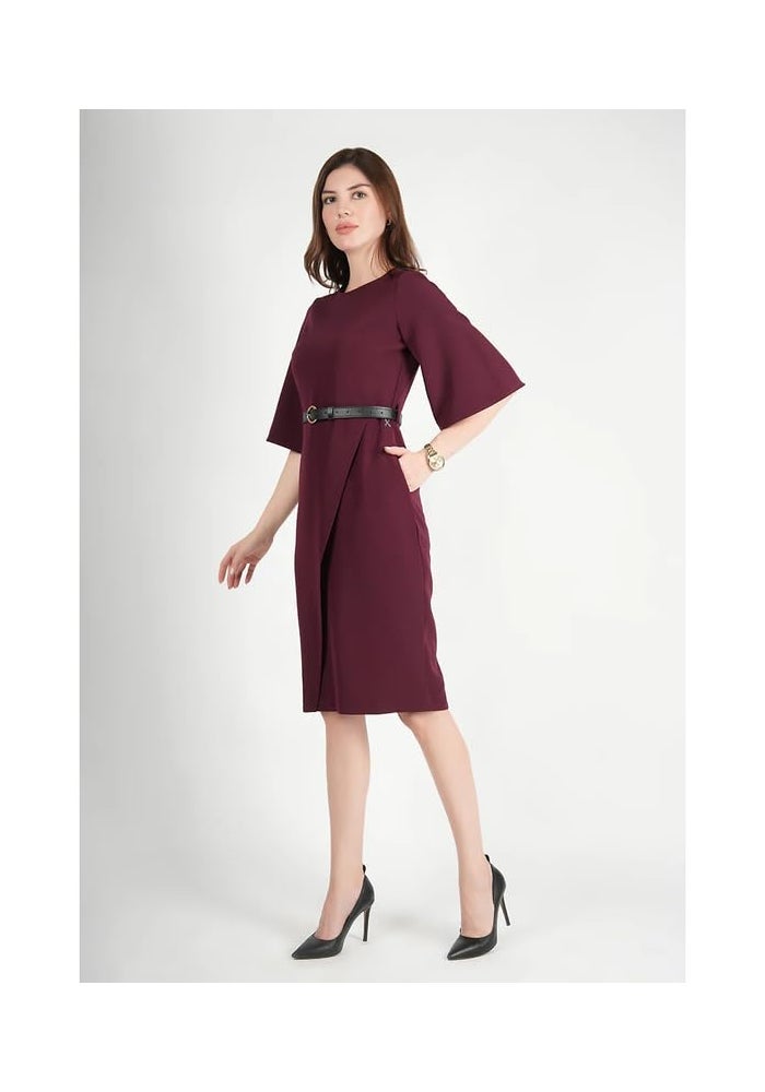 Exude Elegant Midi Dress with Belt & Flared Sleeves for Women - Image 3