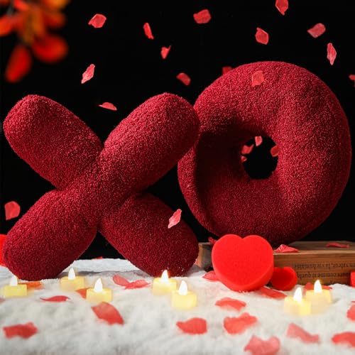 EastTree XO Pillows, Love XO Shaped Pillow, Wine Red Throw Pillows, Love Pillow Gifts, Ultra Soft Teddy Fleece Wedding Pillows, Women Girls Kid Room Decor, Valentine's Day Decor 14x14 Inch - Image 2