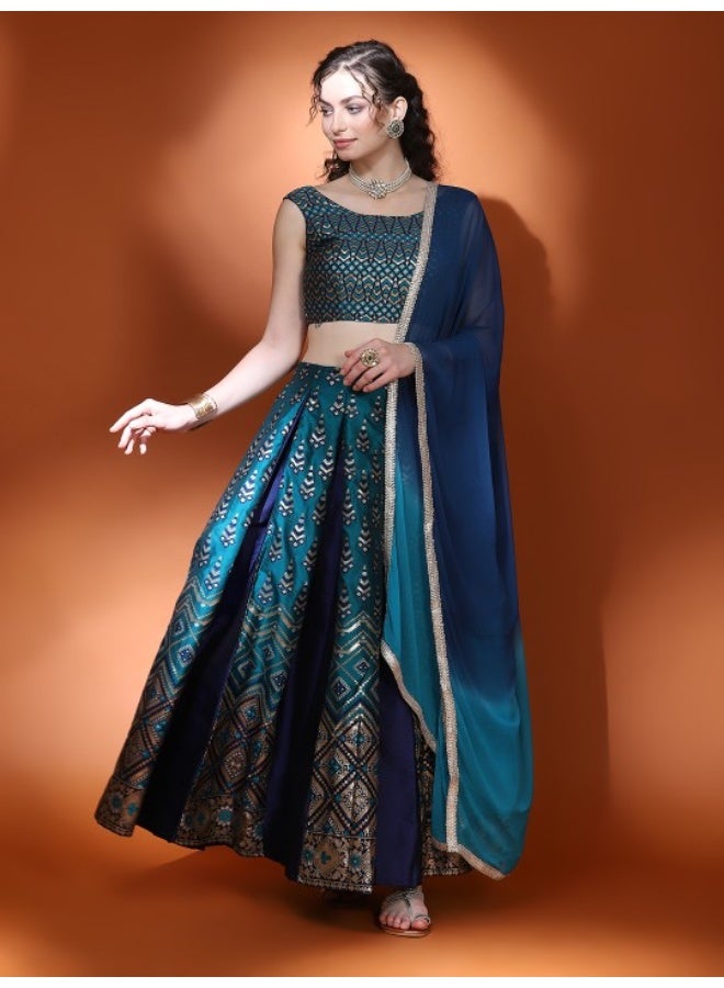 AKS Teal Blue Gold Zari Work Lehenga Choli With Tie & Dye Dupatta  - Image 1
