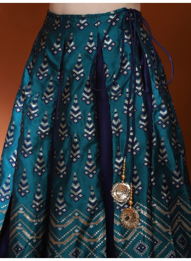 AKS Teal Blue Gold Zari Work Lehenga Choli With Tie & Dye Dupatta  - Image 3