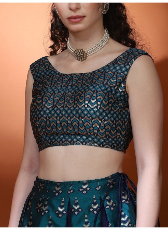 AKS Teal Blue Gold Zari Work Lehenga Choli With Tie & Dye Dupatta  - Image 2