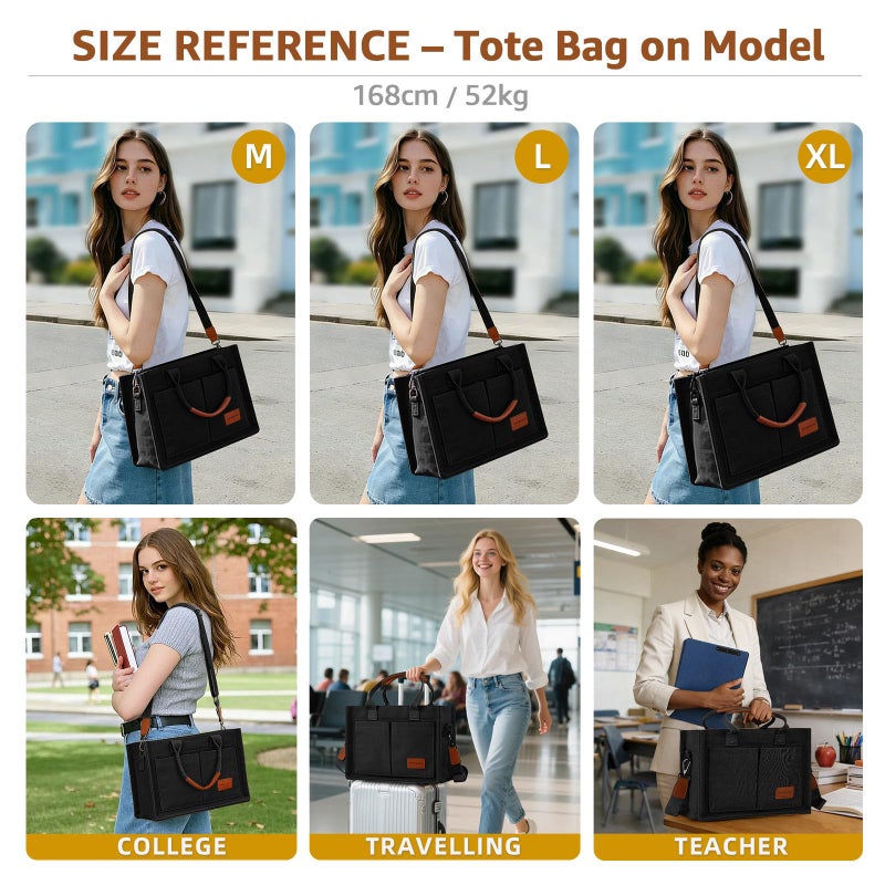 BECOJADDE Structured Canvas Tote Bag for Women, Multi-Compartment Zippered Purse for Work, Bible, Travel, Fits 14/15.6'' Laptop Black XL - Image 4