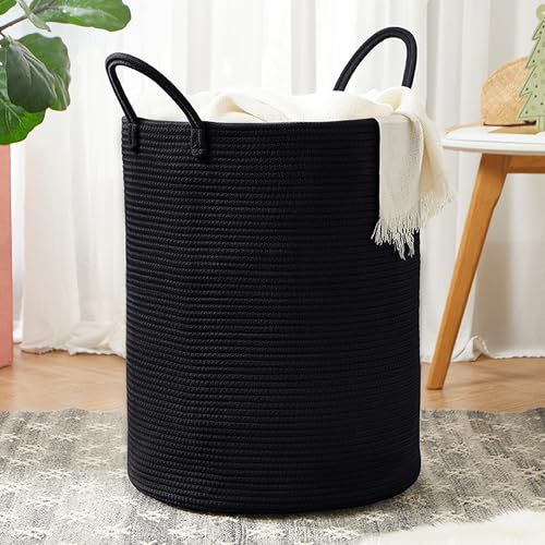 MOJOSCEND 60L Black Woven Cotton Rope Laundry Hamper Basket for Clothes Tall Modern Blanket Storage Basket in Living Room Bedroom 15Dx20H inches - Image 1