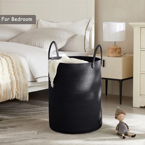MOJOSCEND 60L Black Woven Cotton Rope Laundry Hamper Basket for Clothes Tall Modern Blanket Storage Basket in Living Room Bedroom 15Dx20H inches - Image 2