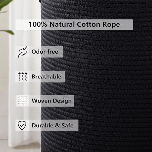MOJOSCEND 60L Black Woven Cotton Rope Laundry Hamper Basket for Clothes Tall Modern Blanket Storage Basket in Living Room Bedroom 15Dx20H inches - Image 5
