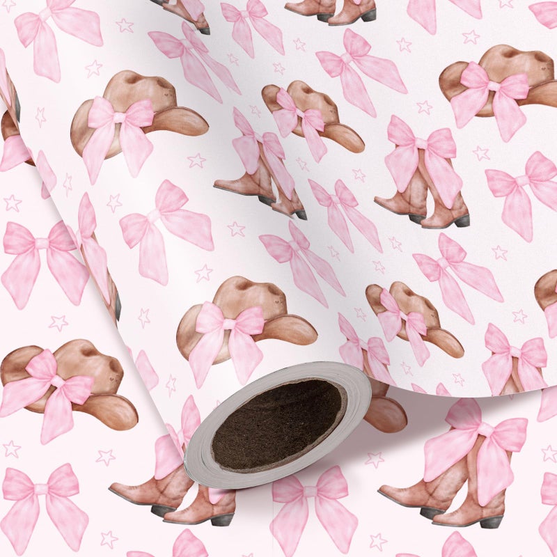 WRAPAHOLIC Western Cowgirl Wrapping Paper Roll - Mini Roll - 17 Inch x 16.5 Feet - Cowgirl Hat and Boots with Pink Bow Design Perfect for Women Girls Birthday, Nashville Party - Image 1