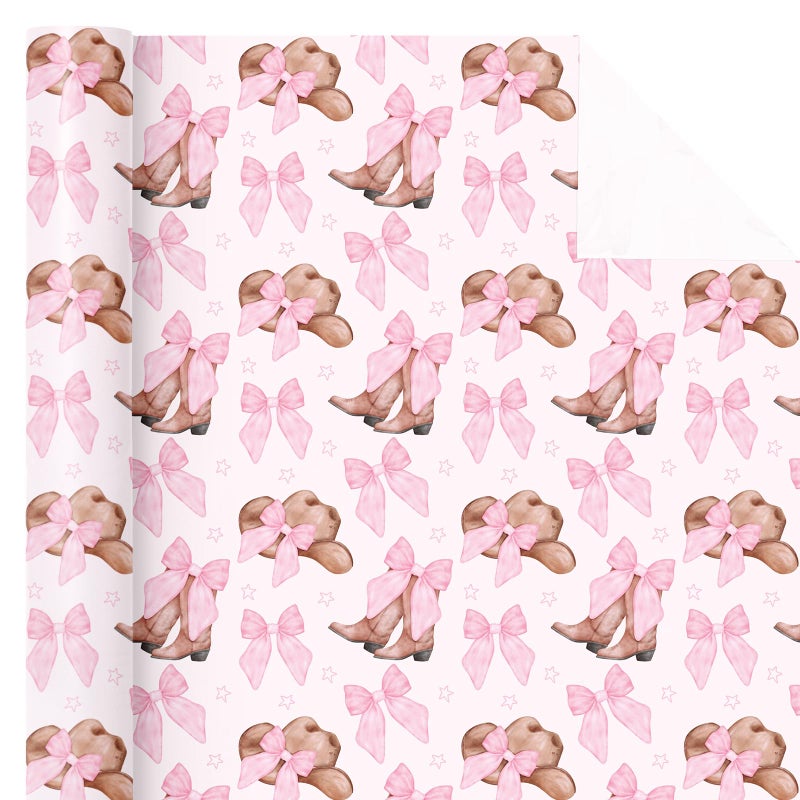 WRAPAHOLIC Western Cowgirl Wrapping Paper Roll - Mini Roll - 17 Inch x 16.5 Feet - Cowgirl Hat and Boots with Pink Bow Design Perfect for Women Girls Birthday, Nashville Party - Image 2