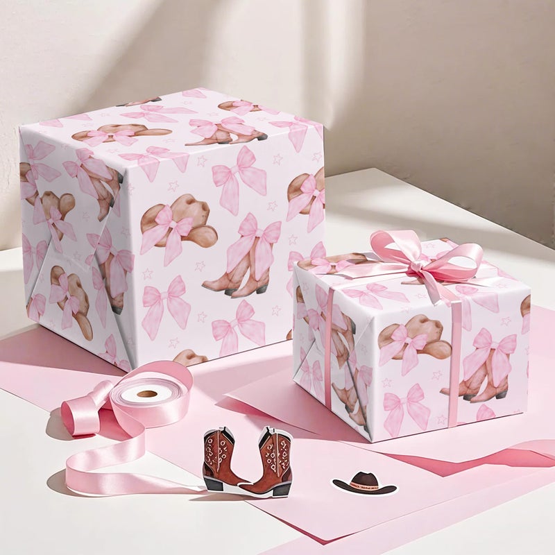 WRAPAHOLIC Western Cowgirl Wrapping Paper Roll - Mini Roll - 17 Inch x 16.5 Feet - Cowgirl Hat and Boots with Pink Bow Design Perfect for Women Girls Birthday, Nashville Party - Image 5