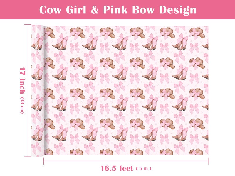 WRAPAHOLIC Western Cowgirl Wrapping Paper Roll - Mini Roll - 17 Inch x 16.5 Feet - Cowgirl Hat and Boots with Pink Bow Design Perfect for Women Girls Birthday, Nashville Party - Image 3