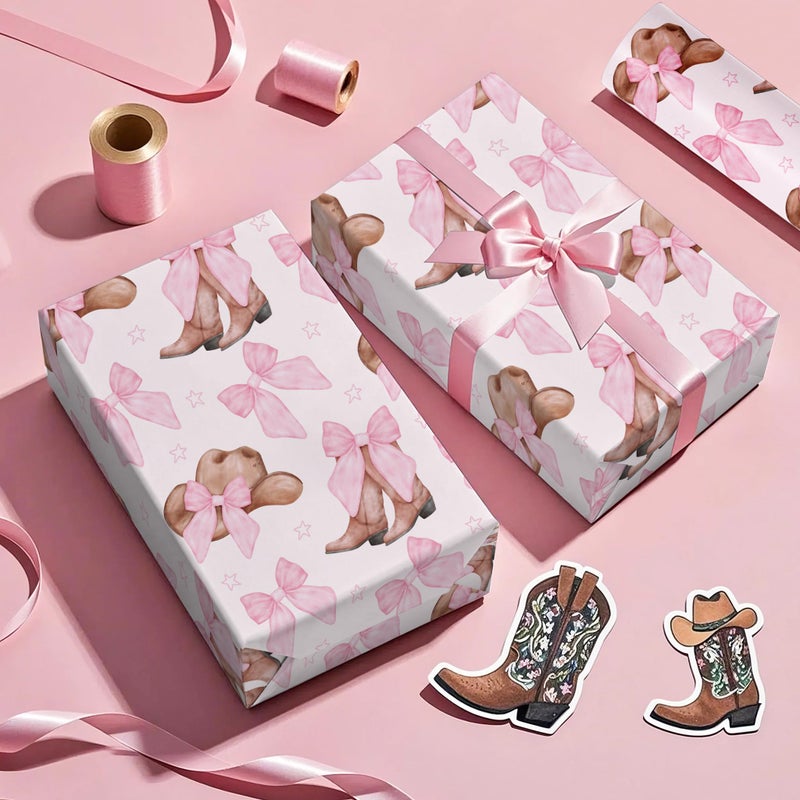 WRAPAHOLIC Western Cowgirl Wrapping Paper Roll - Mini Roll - 17 Inch x 16.5 Feet - Cowgirl Hat and Boots with Pink Bow Design Perfect for Women Girls Birthday, Nashville Party - Image 4