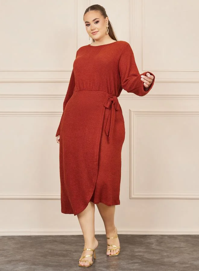 ستايلي Plus Waffle Texture Wrap Style A-Line Midi Dress