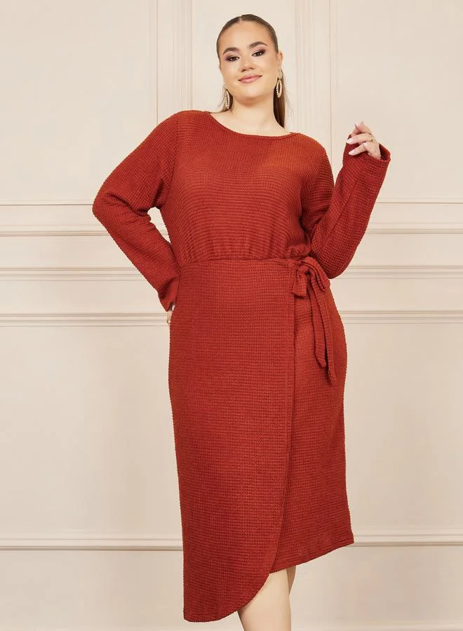 ستايلي Plus Waffle Texture Wrap Style A-Line Midi Dress