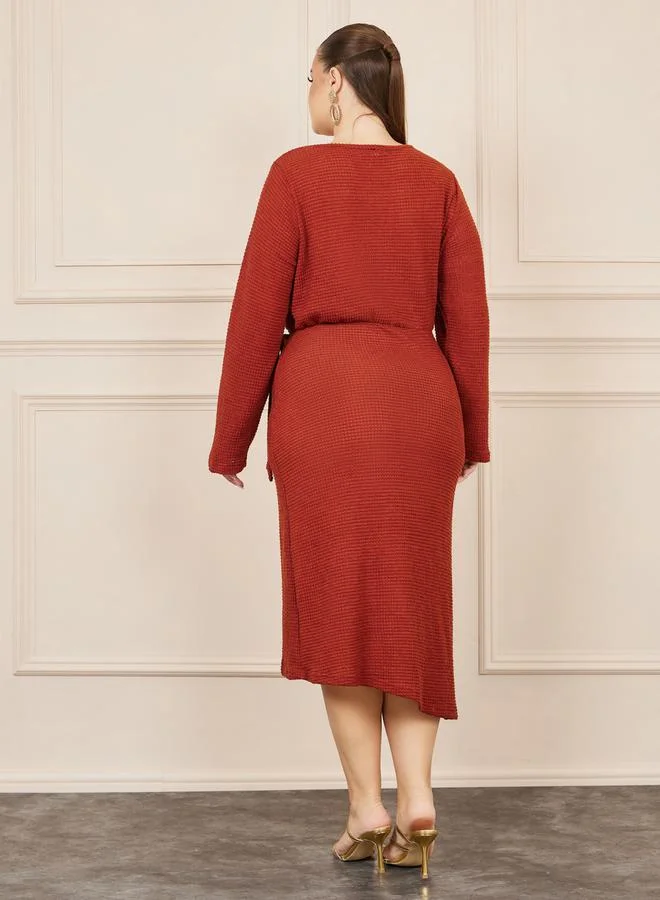 Styli Plus Waffle Texture Wrap Style A-Line Midi Dress