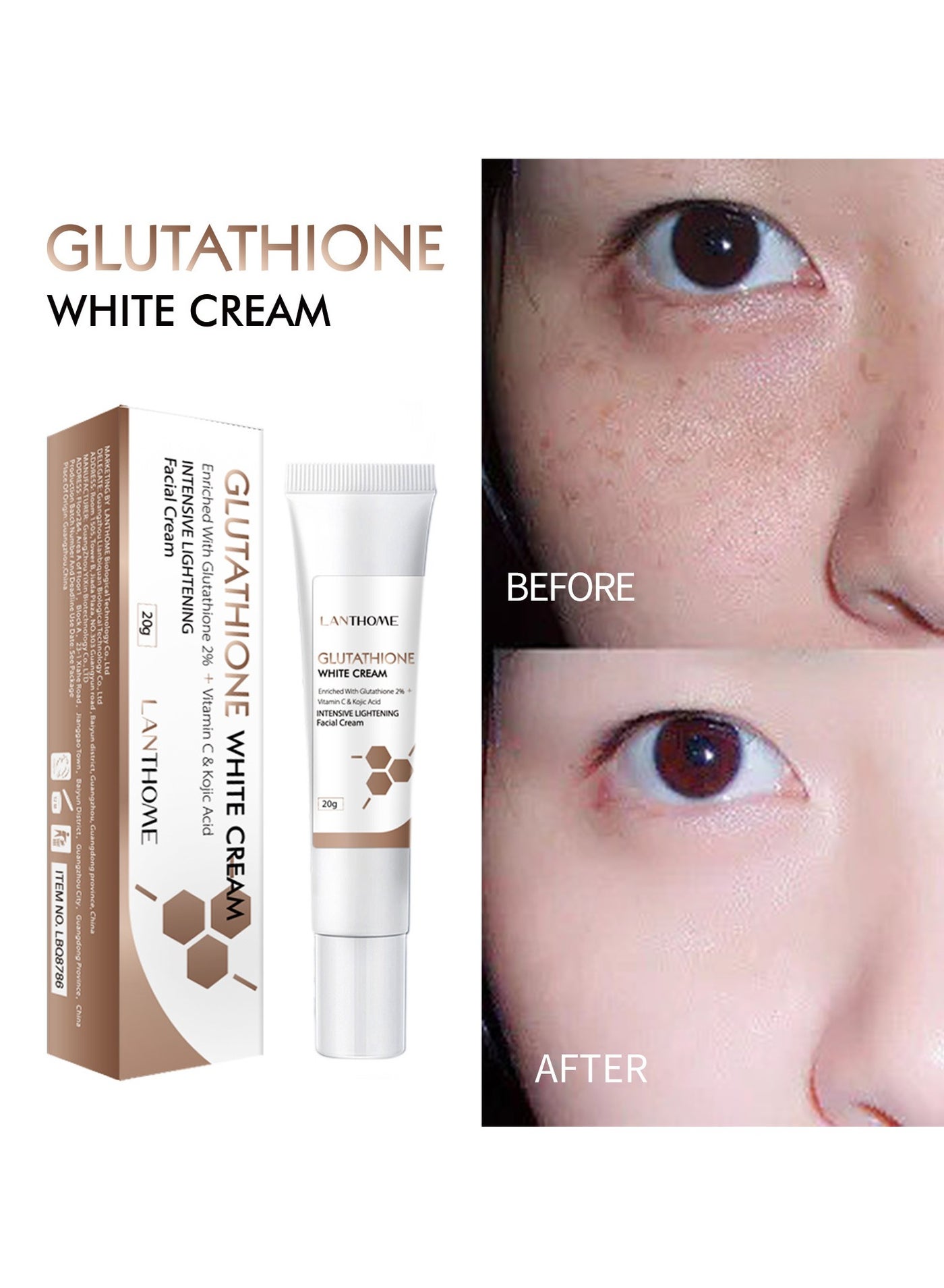 Lanthome Glutathione Whitening Cream, Facial Dark Spots Remover 2% Glutathione Face Cream, Prevent Aging Moisturizing Skin Brightener Cream, Smoothing Brightening Cream, White Lightening Beauty Cream 20G | Best Price KSA