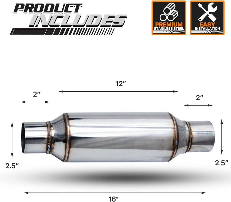 M-AUTO Single Chamber Muffler, 2.5" Inlet and Outlet, Universal Stainless Steel Exhaust Assembly, 16" Length, Black - Image 3