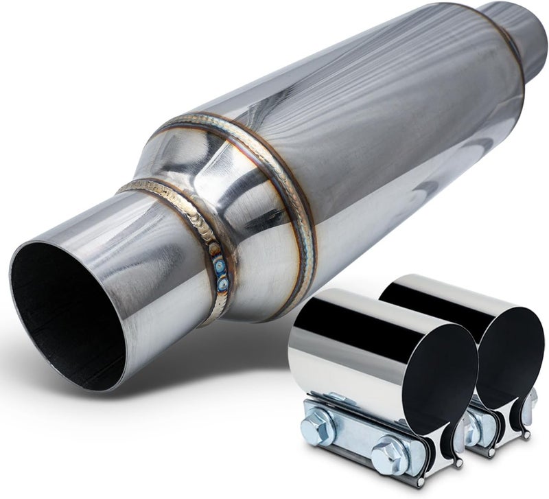 M-AUTO Single Chamber Muffler, 2.5" Inlet and Outlet, Universal Stainless Steel Exhaust Assembly, 16" Length, Black - Image 1