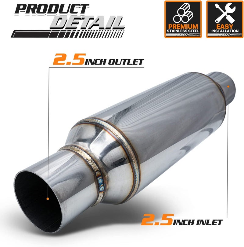 M-AUTO Single Chamber Muffler, 2.5" Inlet and Outlet, Universal Stainless Steel Exhaust Assembly, 16" Length, Black - Image 2
