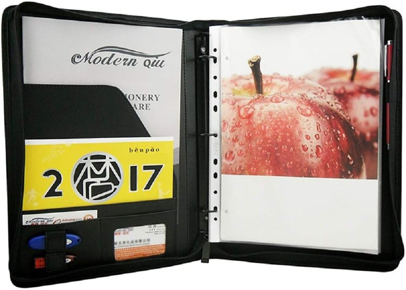 Freeprint Zippered Portfolio Binder 3 Ring with Writing Pad Legal Size Letter - PU Leather Professional Padfolio Folder for Interview Business, Black - Image 1