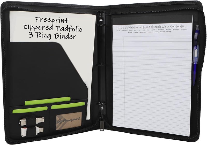 Freeprint Zippered Portfolio Binder 3 Ring with Writing Pad Legal Size Letter - PU Leather Professional Padfolio Folder for Interview Business, Black - Image 3