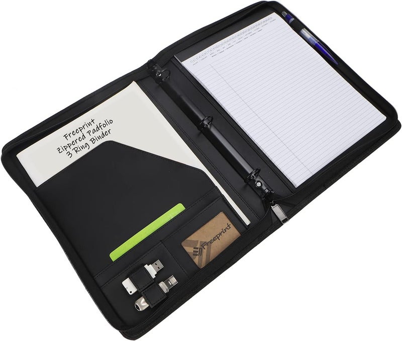 Freeprint Zippered Portfolio Binder 3 Ring with Writing Pad Legal Size Letter - PU Leather Professional Padfolio Folder for Interview Business, Black - Image 4