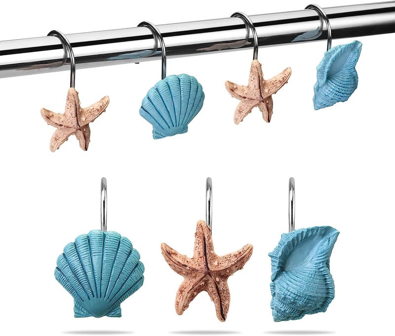 AGPtek Seashell Shower Curtain Hooks 12PCS Anti Rust Decorative Resin Hooks for Bathroom Baby Room Bedroom Living Room Decor Blue Seashell