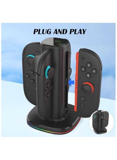 Charging Dock for Nintendo Switch 2(2025) Joy-Con2 Controllers, 4 in 1 Fast Charger Station,RGB Modes Gaming Lights, Magnetic & Weighted Base, Bi-Directional Design, LED Indicators & Overcharge Protection, Including Charging Cable, black