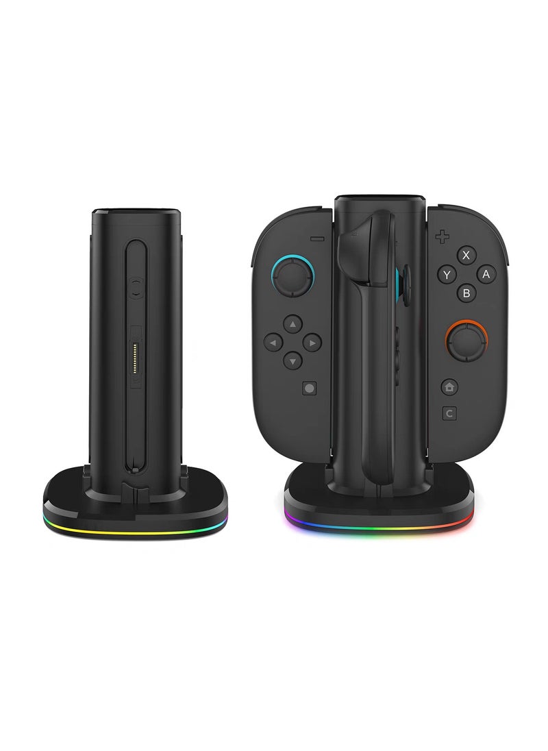 Charging Dock for Nintendo Switch 2(2025) Joy-Con2 Controllers, 4 in 1 Fast Charger Station,RGB Modes Gaming Lights, Magnetic & Weighted Base, Bi-Directional Design, LED Indicators & Overcharge Protection, Including Charging Cable, black