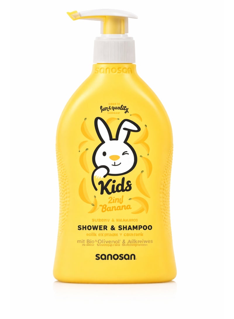 sanosan Kids Banana Shower & Shampoo 400ml – 2-in-1 Gentle Hair & Body Wash with Olive Extract & Milk Protein - Image 1