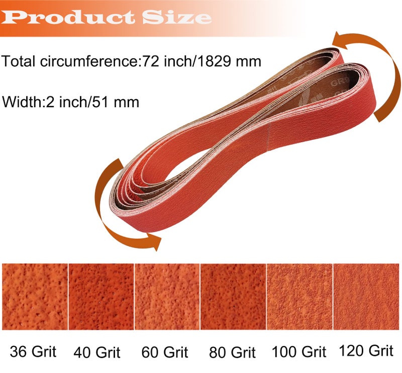Tonmp 6 Pack 2 x 72 Inch Metal Grinding Ceramic Sanding Belts Kit -1 Pcs Each of 36 40 60 80 100 and 120 Grits Premium Sharpening Sander Belts (2x72 Inch) - Image 2