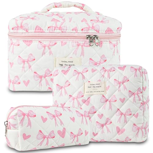 GISMTR 3Pcs Makeup Bag Cotton Quilted Travel Cosmetic Bag Cute Floral Makeup Pouch Large Toiletry Bag for Women Girls BowPink4 - Image 1