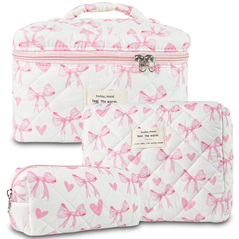GISMTR 3Pcs Makeup Bag Cotton Quilted Travel Cosmetic Bag Cute Floral Makeup Pouch Large Toiletry Bag for Women Girls BowPink4 - Image 2