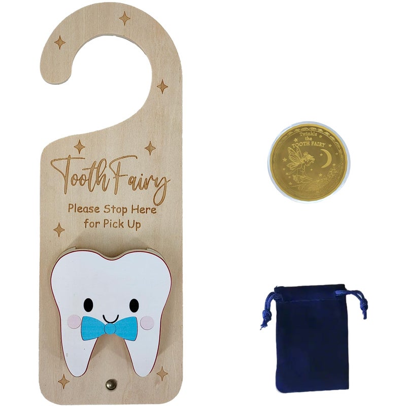 PAMBO Tooth Fairy Door Hanger Wooden Tooth Fairy Money Holder with Tooth Coins for Lost Tooth Kids Gifts Blue