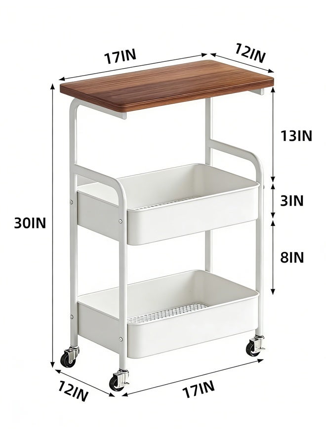 Rolling Cart with Wooden Tabletop, 3 Tier Metal Utility Cart, Rolling Storage Organizer Cart with Lockable Wheels Mobile Side Table for Kitchen, Office, Bedroom (White) - Image 2
