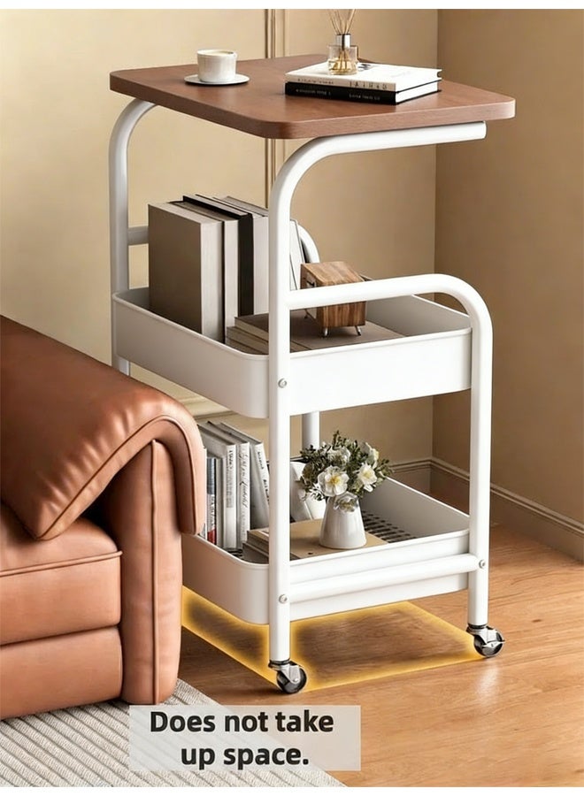Rolling Cart with Wooden Tabletop, 3 Tier Metal Utility Cart, Rolling Storage Organizer Cart with Lockable Wheels Mobile Side Table for Kitchen, Office, Bedroom (White) - Image 5