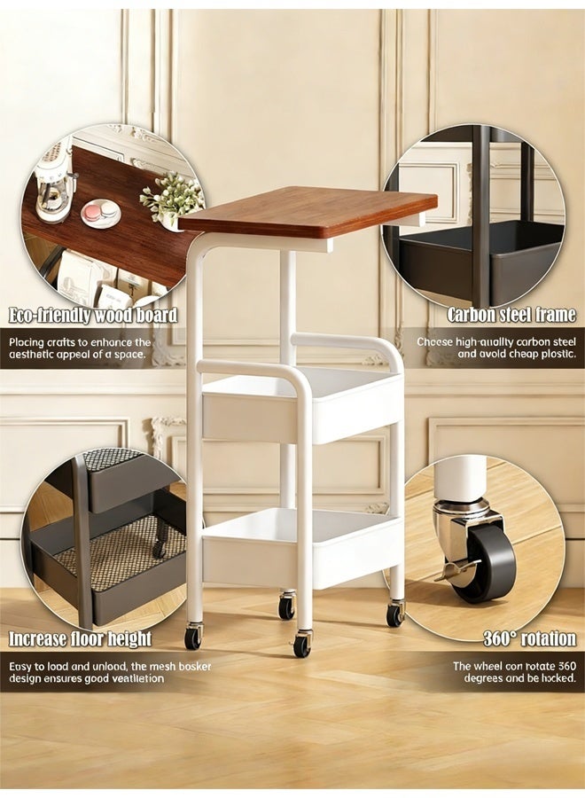 Rolling Cart with Wooden Tabletop, 3 Tier Metal Utility Cart, Rolling Storage Organizer Cart with Lockable Wheels Mobile Side Table for Kitchen, Office, Bedroom (White) - Image 3
