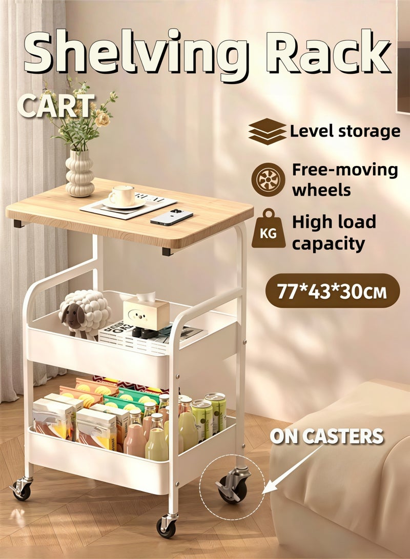 Rolling Cart with Wooden Tabletop, 3 Tier Metal Utility Cart, Rolling Storage Organizer Cart with Lockable Wheels Mobile Side Table for Kitchen, Office, Bedroom (White) - Image 1