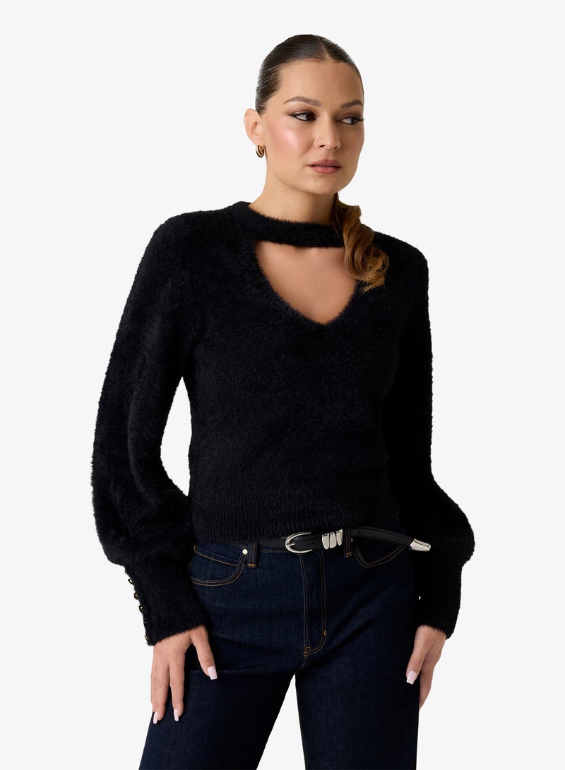 GUESS Long Sleeve Yuki Fuz Cut-Out Sweater - Image 1
