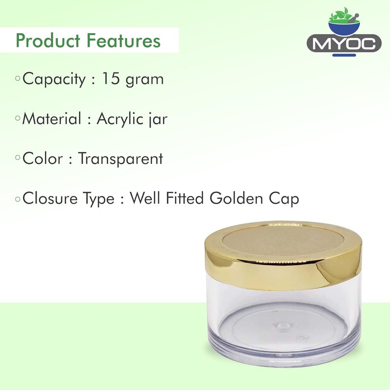 MYOC Empty Transparent Acrylic San Jars with Golden Cap & Inner Lid for Lip Balm, Lip Scrub, Cream, Pigment/Tint, Leakproof Cosmetic Jar for Makeup & DIY Beauty Product -15gm (Pack of 8) - Image 2