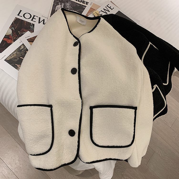Khaki Round-Neck Sherpa Jacket Women Autumn 2023 Creamy-white - Image 1