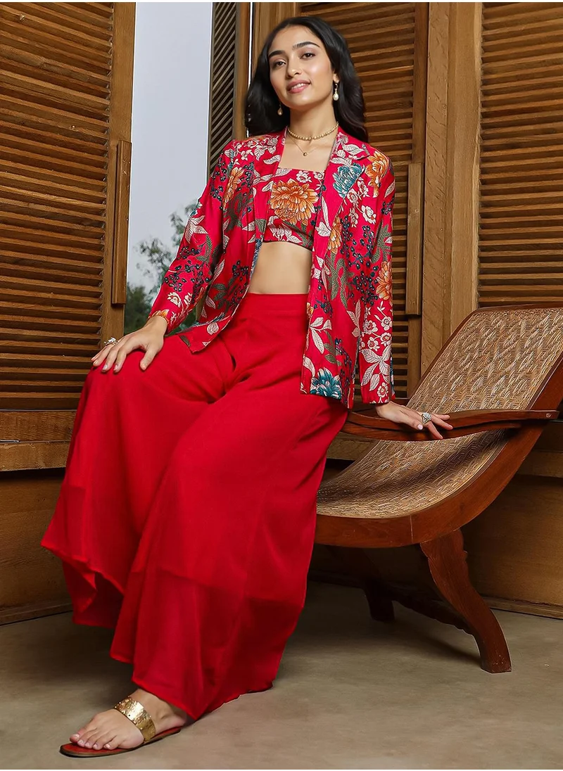  قصة Women's Crimson Red Botanica Flared Co-Ord Set